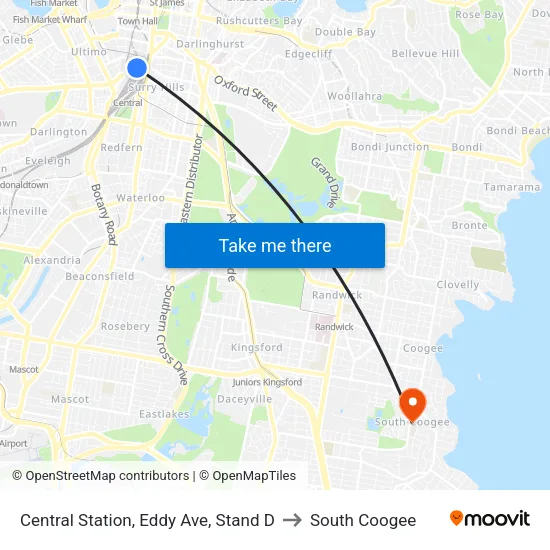 Central Station, Eddy Ave, Stand D to South Coogee map