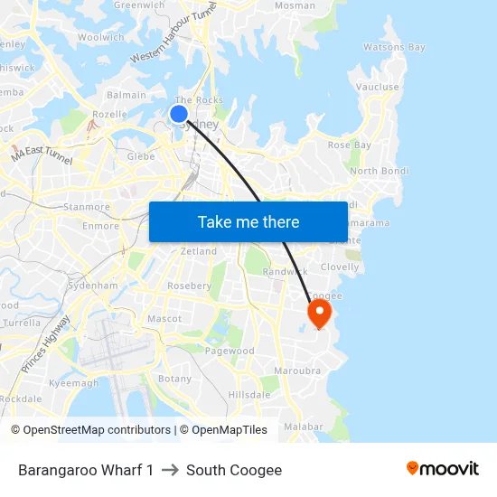 Barangaroo Wharf 1 to South Coogee map