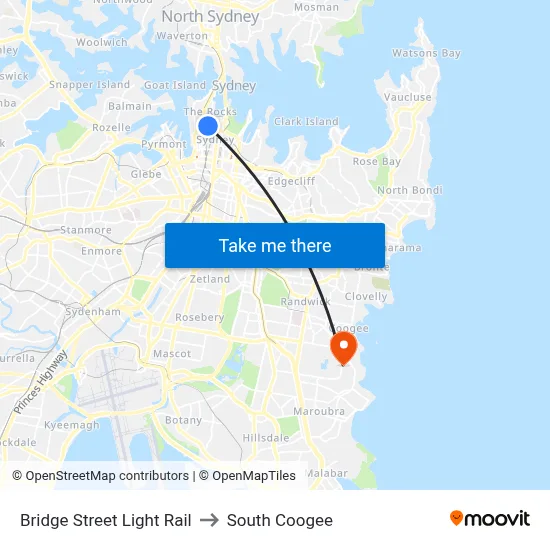 Bridge Street Light Rail to South Coogee map
