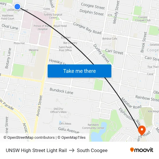 UNSW High Street Light Rail to South Coogee map