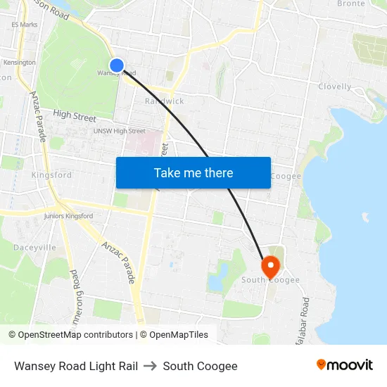 Wansey Road Light Rail to South Coogee map