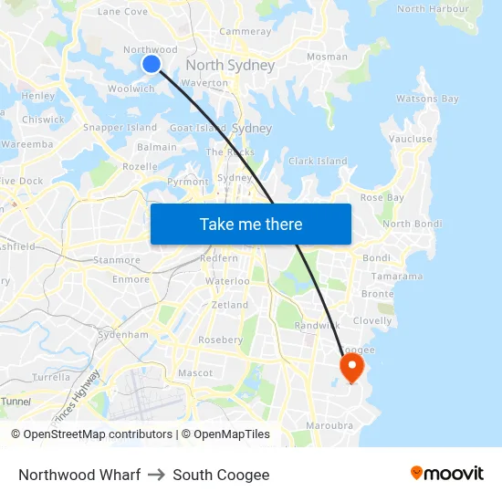 Northwood Wharf to South Coogee map