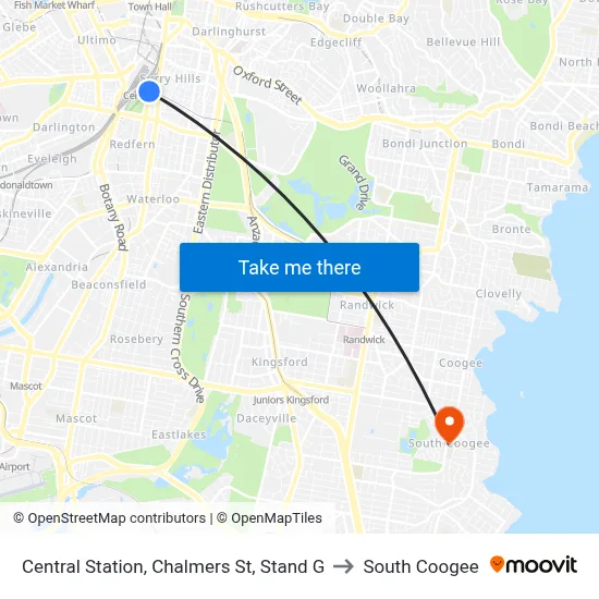 Central Station, Chalmers St, Stand G to South Coogee map
