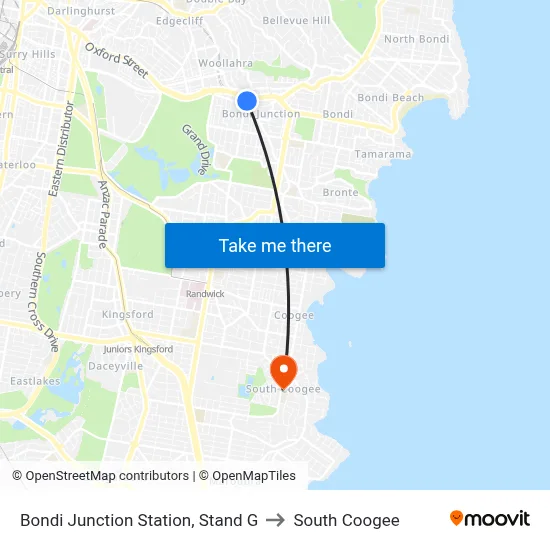 Bondi Junction Station, Stand G to South Coogee map