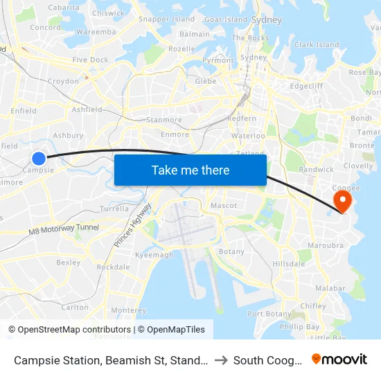 Campsie Station, Beamish St, Stand B to South Coogee map