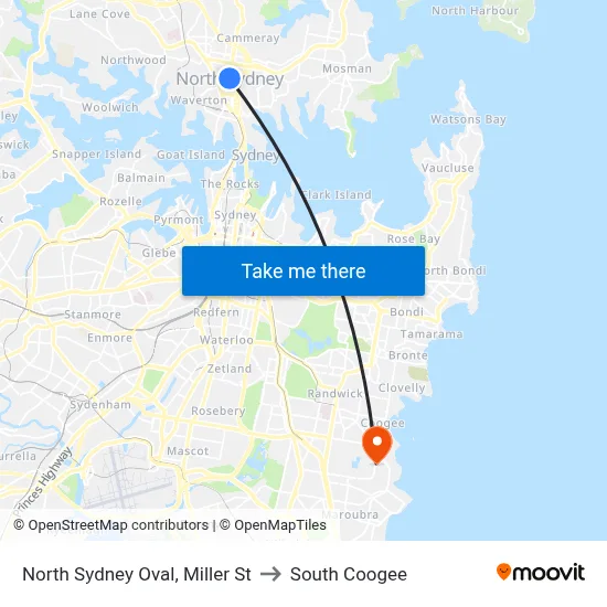 North Sydney Oval, Miller St to South Coogee map