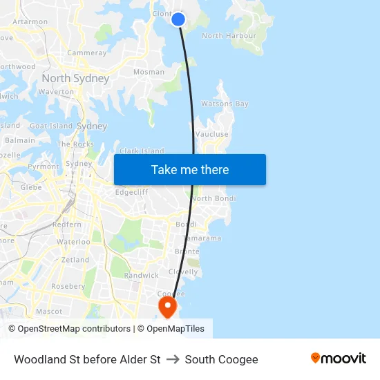 Woodland St before Alder St to South Coogee map