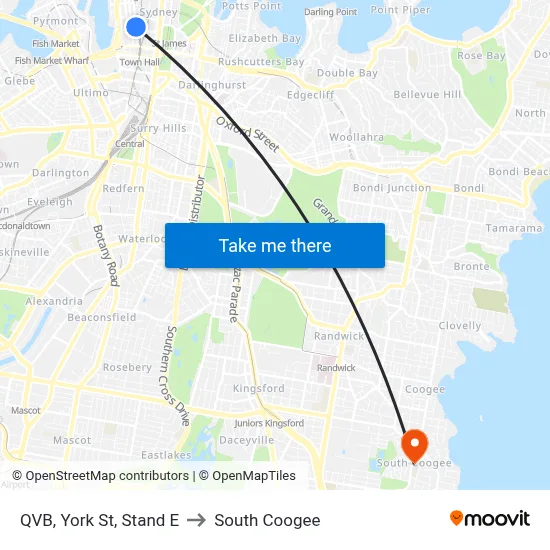 QVB, York St, Stand E to South Coogee map
