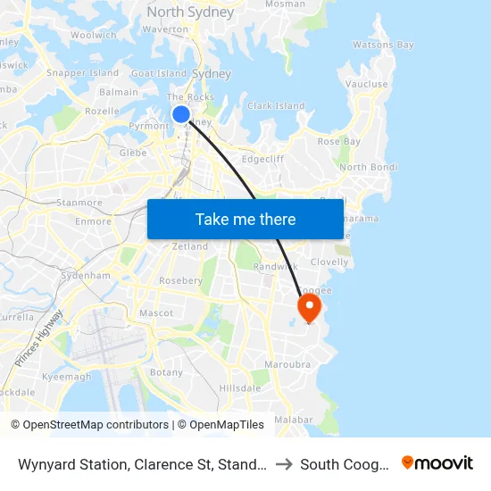 Wynyard Station, Clarence St, Stand R to South Coogee map
