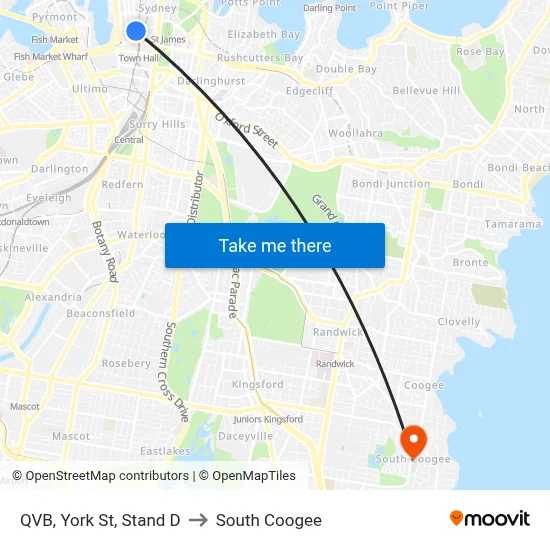 QVB, York St, Stand D to South Coogee map