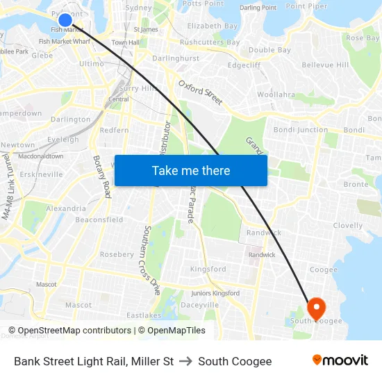 Bank Street Light Rail, Miller St to South Coogee map