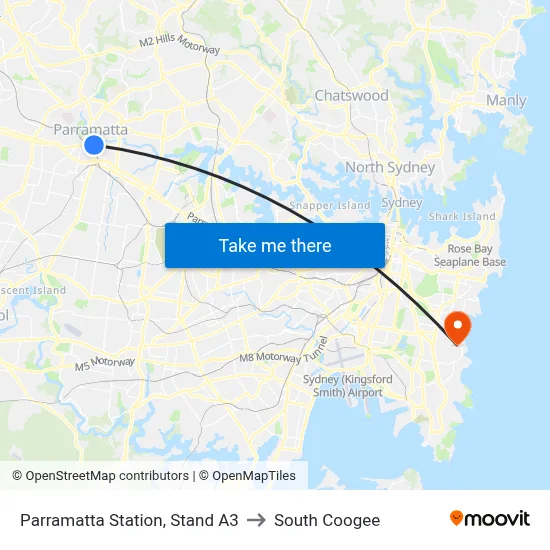 Parramatta Station, Stand A3 to South Coogee map
