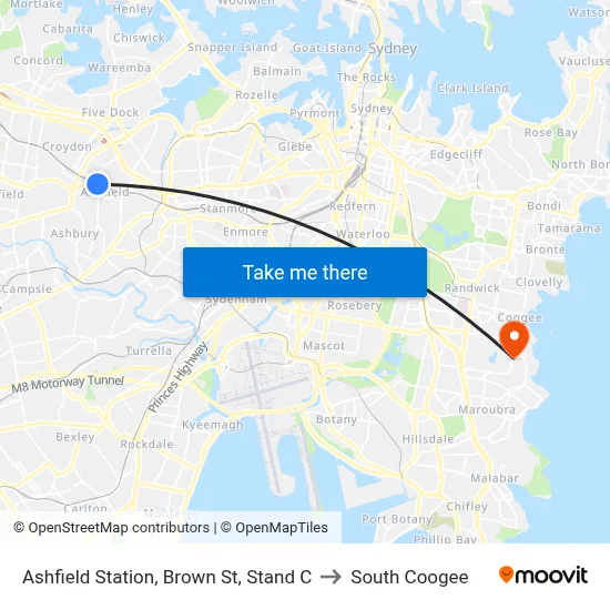Ashfield Station, Brown St, Stand C to South Coogee map
