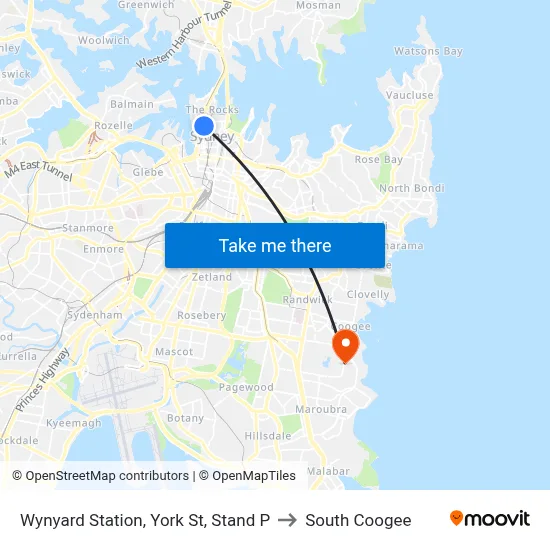 Wynyard Station, York St, Stand P to South Coogee map