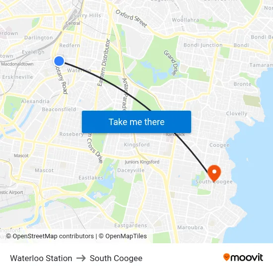 Waterloo Station to South Coogee map