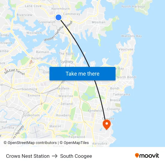 Crows Nest Station to South Coogee map