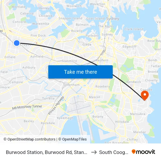 Burwood Station, Burwood Rd, Stand G to South Coogee map