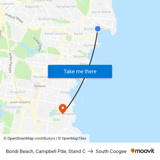 Bondi Beach, Campbell Pde, Stand C to South Coogee map