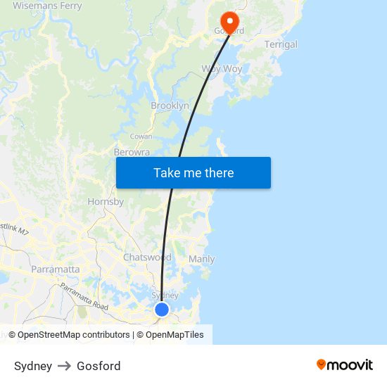 Sydney to Gosford map