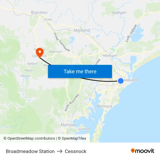 Broadmeadow Station to Cessnock map