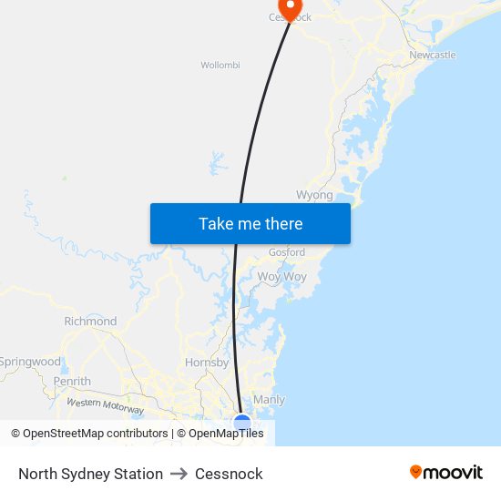 North Sydney Station to Cessnock map