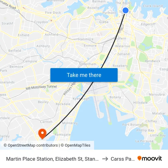 Martin Place Station, Elizabeth St, Stand G to Carss Park map
