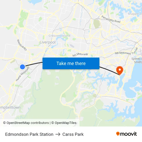 Edmondson Park Station to Carss Park map