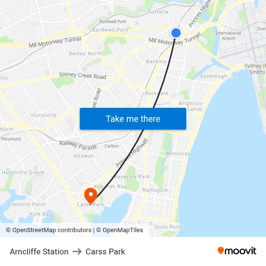 Arncliffe Station to Carss Park map