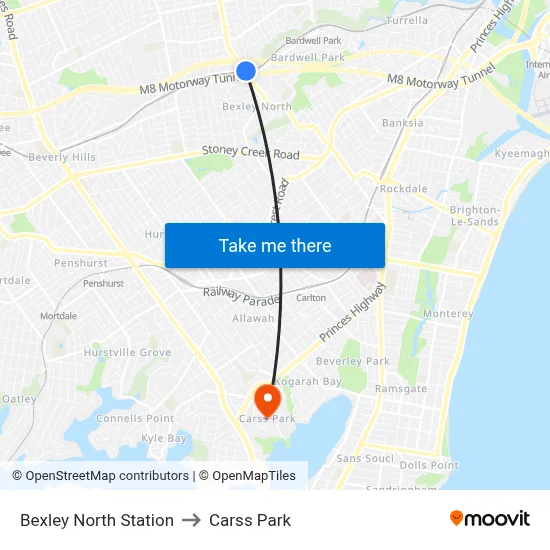 Bexley North Station to Carss Park map
