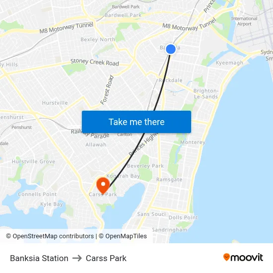 Banksia Station to Carss Park map