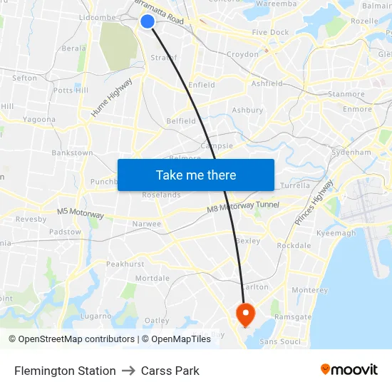 Flemington Station to Carss Park map