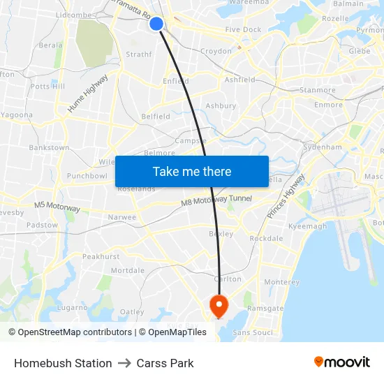 Homebush Station to Carss Park map