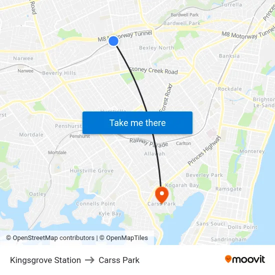 Kingsgrove Station to Carss Park map