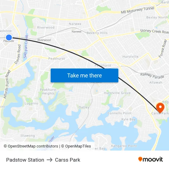 Padstow Station to Carss Park map