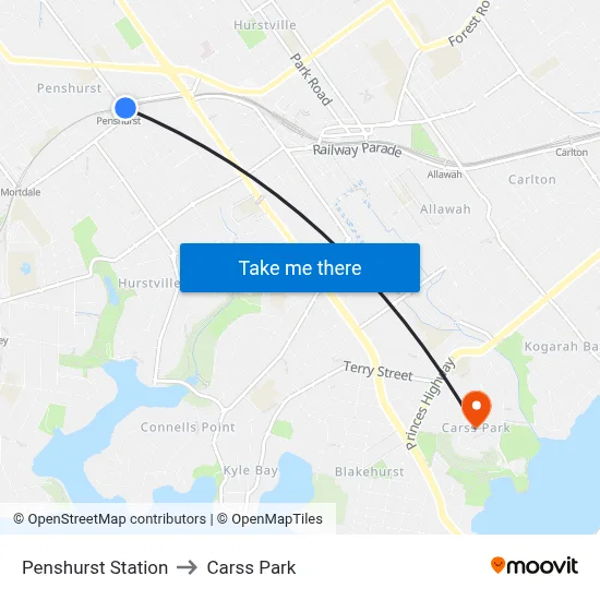 Penshurst Station to Carss Park map
