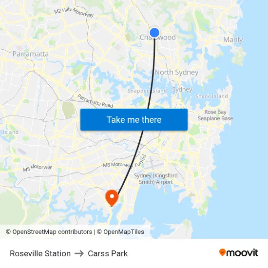 Roseville Station to Carss Park map
