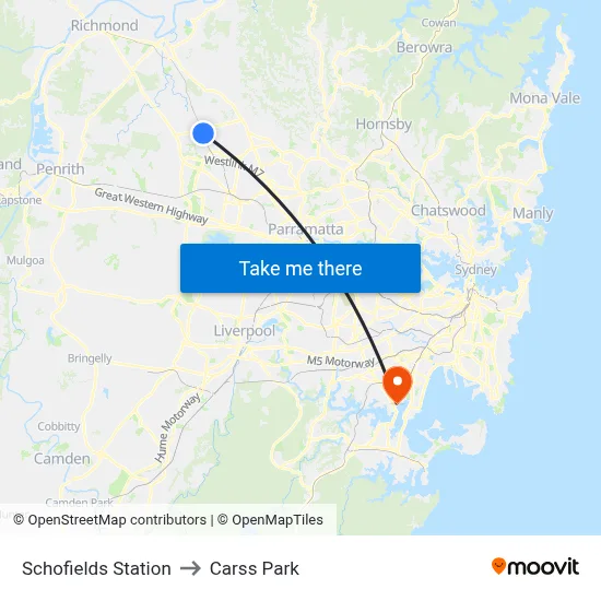 Schofields Station to Carss Park map