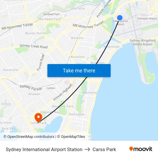 Sydney International Airport Station to Carss Park map