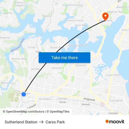 Sutherland Station to Carss Park map