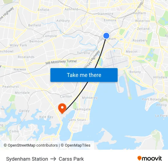 Sydenham Station to Carss Park map