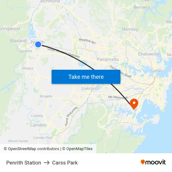 Penrith Station to Carss Park map