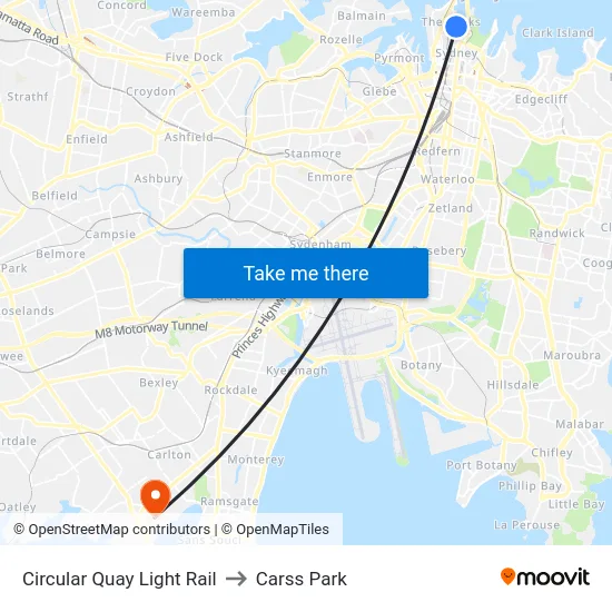 Circular Quay Light Rail to Carss Park map