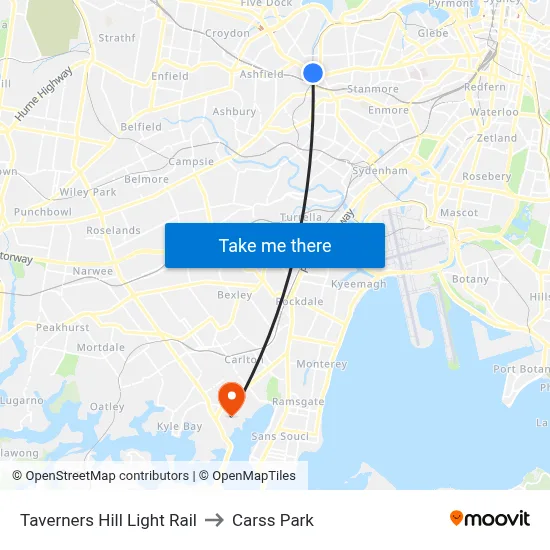 Taverners Hill Light Rail to Carss Park map