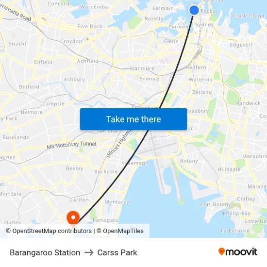 Barangaroo Station to Carss Park map