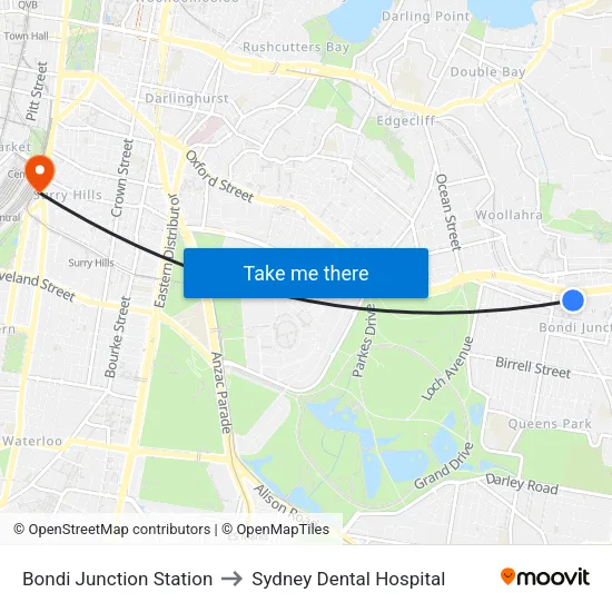 Bondi Junction Station to Sydney Dental Hospital map
