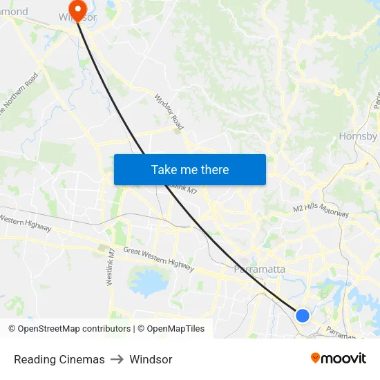 Reading Cinemas to Windsor map