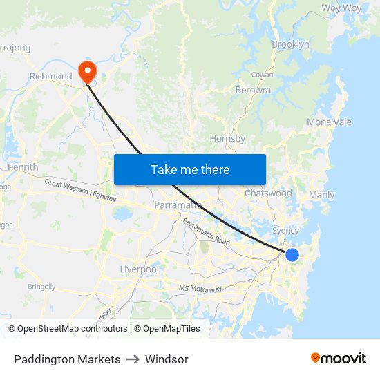 Paddington Markets to Windsor map