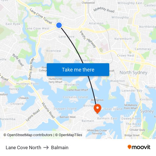 Lane Cove North to Balmain map