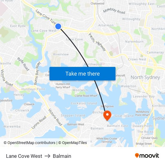 Lane Cove West to Balmain map