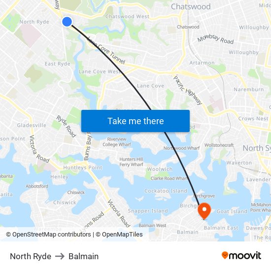 North Ryde to Balmain map